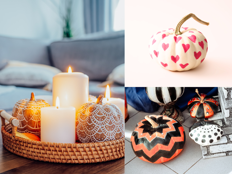 Verschieden verzierte Zierkürbisse mit Spitzenmustern, Herzen und Punkten liegen dekorativ mit Kerzen in einem gemütlichen Wohnzimmer.