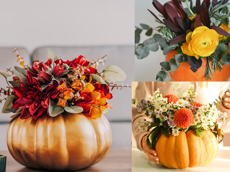 Herbstliche Blumenarrangements in drei Kürbissen mit roten, gelben und weißen Blüten auf hellem Tisch und vor neutralem Hintergrund.