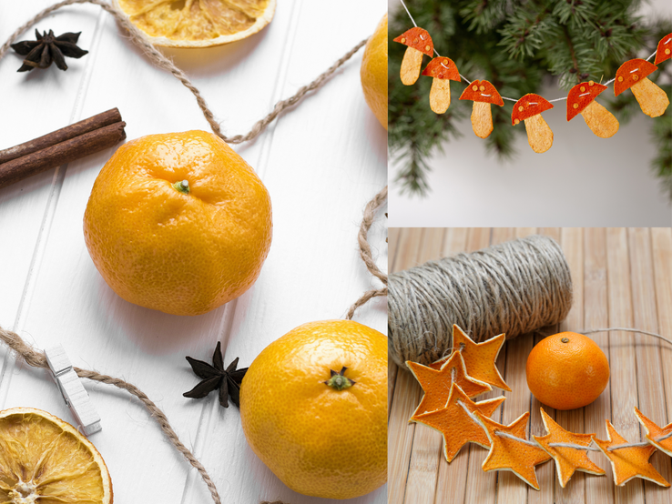 Selbstgemachte DIY-Ddeko aus Mandarinen in Stern- und Pilzform neben Mandarinen, Gewürzen und Garn auf Holzflächen.