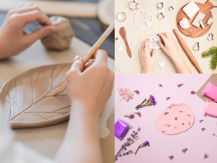 Hände modellieren Ton zu einem Blattschälchen, stanzen Herzformen aus weißer Masse und verzieren rosa Knete mit Trockenblumen.