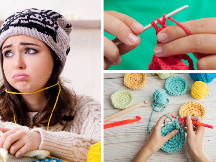Frustrierte Frau in Wintermütze schaut hilflos beim Häkeln, rechts Nahaufnahmen geschickter Hände beim Häkeln bunter Kreise.