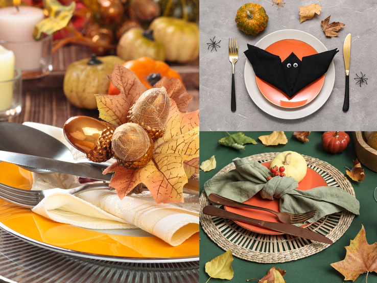 Herbstlich dekorierte Tische mit Kürbissen, Blättern, goldfarbenem Besteck und kunstvoll gefalteten Servietten in warmen Farbtönen.