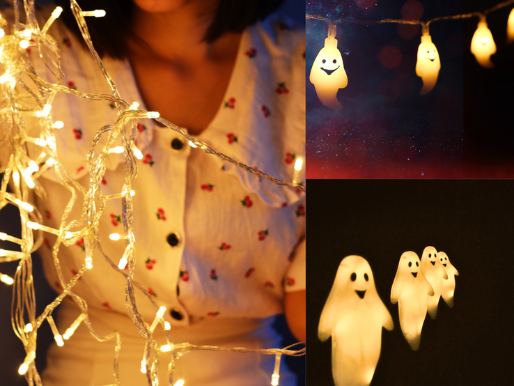 Geister-Lichterkette basteln: Junge Frau in geblümter Bluse hält warm leuchtende Lichterkette, daneben kleine lachende Geisterlichter vor dunklem Hintergrund.