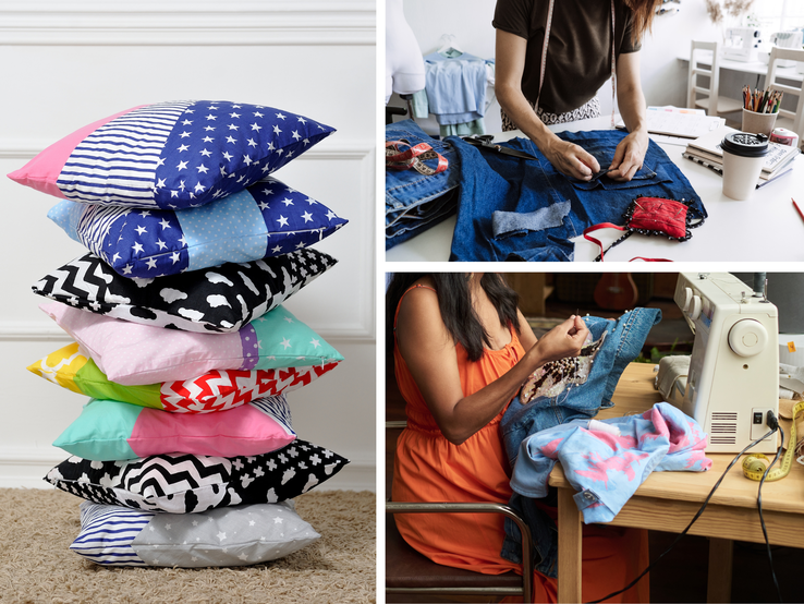 Bunte Collage mit gestapelten Patchwork-Kissen links und zwei Frauen rechts, die kreative Jeansstücke per Hand und Maschine nähen.