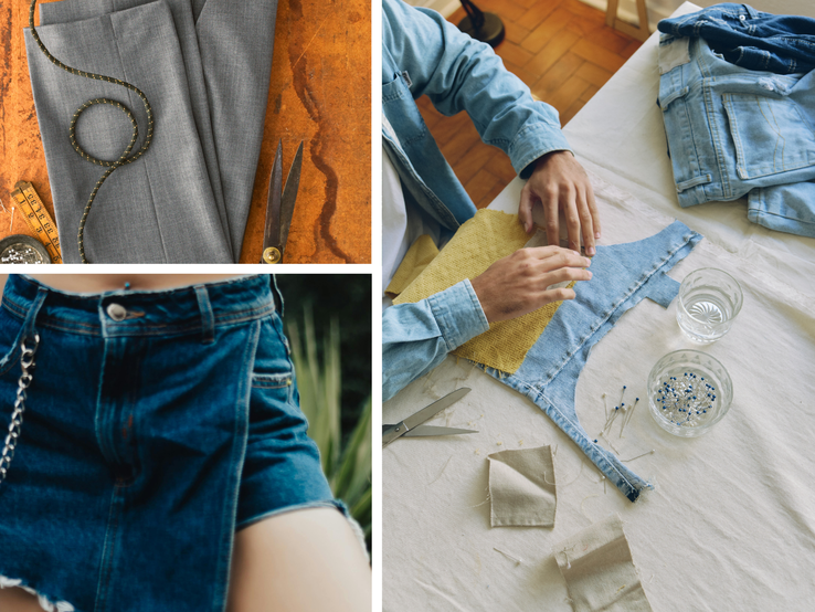 Collage mit Nahaufnahme eines Jeansrocks, einem Schneider bei der Arbeit und grauem Stoff mit Maßband und Schere auf Arbeitstisch.