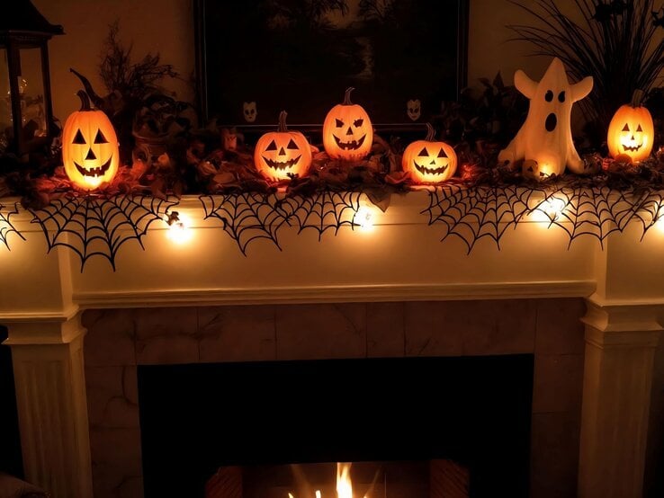 Leuchtende Kürbisse mit geschnitzten Fratzen und ein Stoffgeist stehen auf einem herbstlich geschmückten Kaminsims mit Spinnennetzen.
