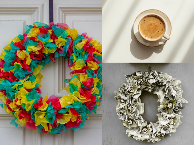 Bunter Türkranz aus gelbem, rotem und grünem Papier hängt an weißer Tür, daneben Kranz aus Zeitungspapier und Tasse Kaffee.