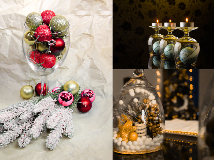 Drei dekorierte Weingläser mit Kerzen, Kugeln und Tannenzweigen auf hellem und dunklem Untergrund in festlicher Weihnachtsstimmung.