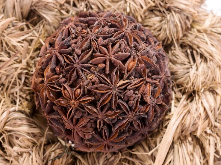 Runde Kugel aus getrocknetem Sternanis und Gewürznelken liegt dekorativ auf einem Nest aus hellem Strohgeflecht