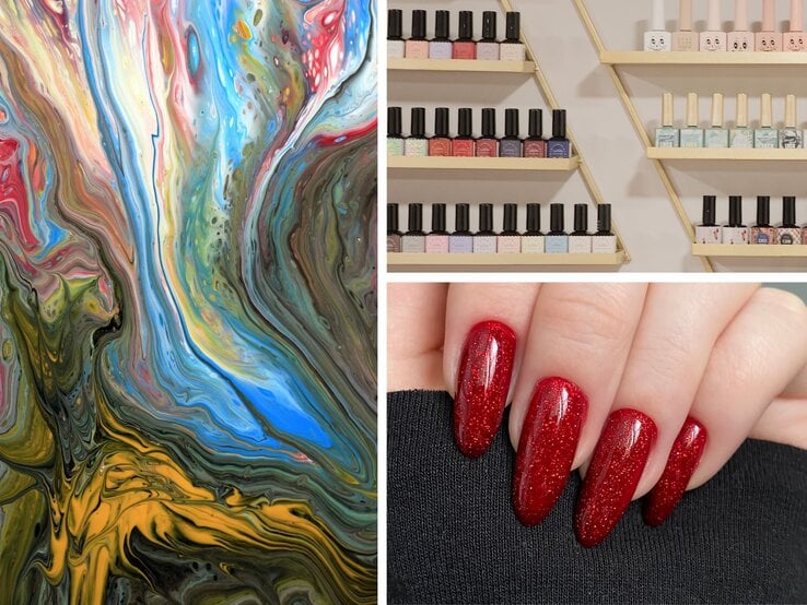 Collage aus drei Bildern: bunte abstrakte Malerei, goldene Regale mit Nagellackflaschen und rote glitzernde Gelnägel auf schwarzem Stoff.