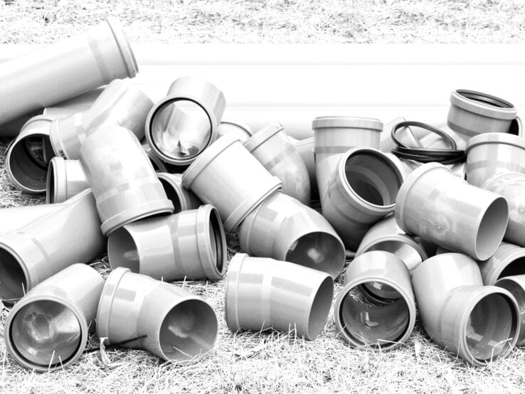 Mehrere graue Abflussrohre und HT-Rohre aus Kunststoff liegen ungeordnet auf trockenem, braunem Grasboden.