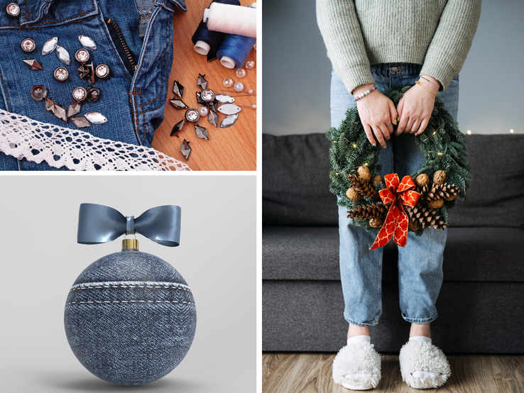 Collage mit Jeans-Weihnachtskugel, DIY-Deko auf Spitze und Jeans sowie junger Person in Pantoffeln, die festlichen Kranz vor Sofa hält.