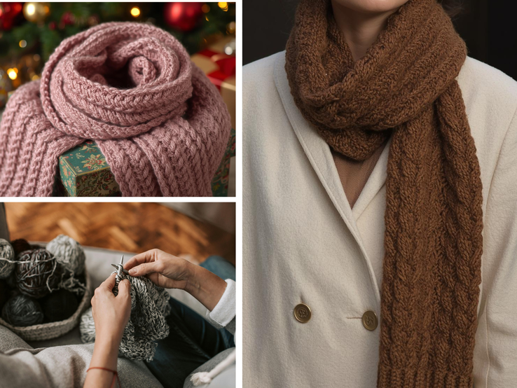Rosa Schal auf Geschenk vor Baum, Frau mit braunem Strickschal im Mantel, daneben Hände beim Stricken grauer Wolle auf dem Sofa.
