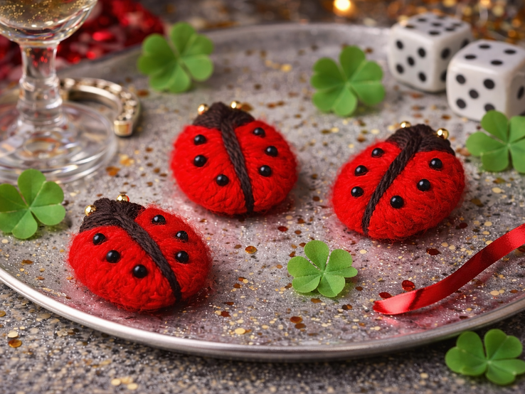Rote Marienkäfer aus Wolle auf glitzernder Platte, mit Kleeblättern, einem Hufeisen, Würfeln und rotem Geschenkband verziert.