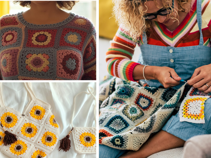 Collage aus gehäkeltem Pullover mit Patchwork-Mustern, bunter Decke in Arbeit und cremefarbenen Taschen mit Sonnenblumenmotiven.