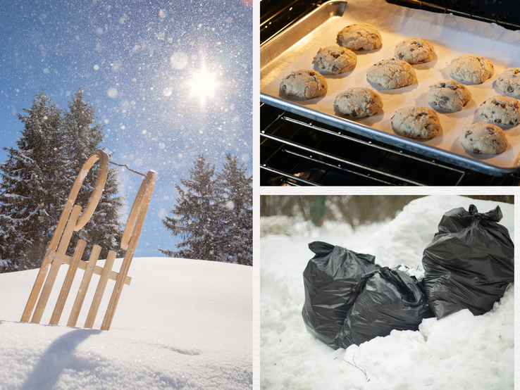Winterliche Collage mit Schlitten im Schnee bei Sonnenlicht, frisch gebackenen Cookies im Ofen und schwarzen Müllsäcken im Freien.