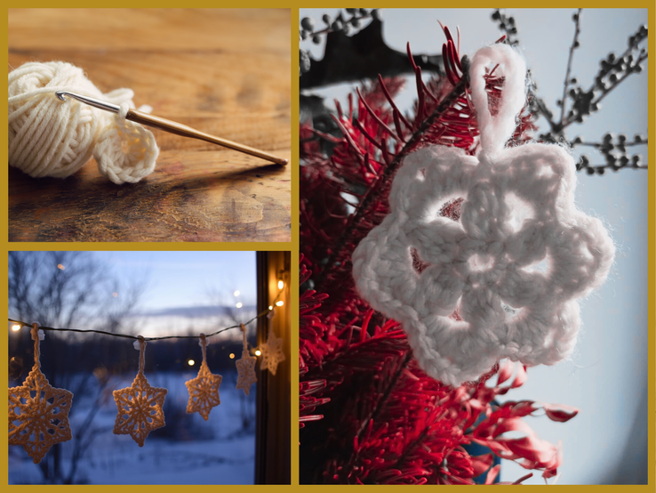 Eine Collage: weißes Wollknäuel mit Häkelnadel, gehäkelte Sterne an rotem Ast und Lichterkette vor winterlicher Landschaft.