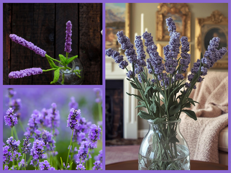 Collage mit drei Lavendelmotiven: Gestrickte Zweige in Glasvase auf dunklem Holz, Lavendelfeld in hellem Sonnenlicht und Vase mit Kunstlavendel in elegantem Innenraum.