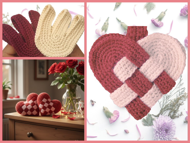 Eine Collage aus Häkeldetails: Links zwei Häkelstücke in Rot und Creme, unten Herzen auf Holztisch mit Blumen, rechts geflochtenes Herz vor hellem Hintergrund.