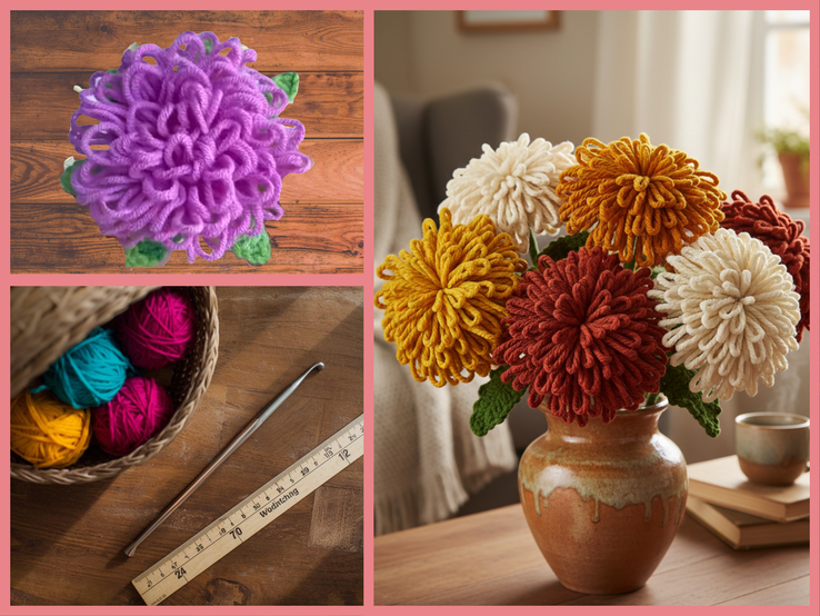 Collage mit handgefertigter lilafarbener Häkelblume auf Holztisch, Wollknäueln und Häkelnadel sowie bunter Häkelblumen-Vase im hellen Wohnzimmer.