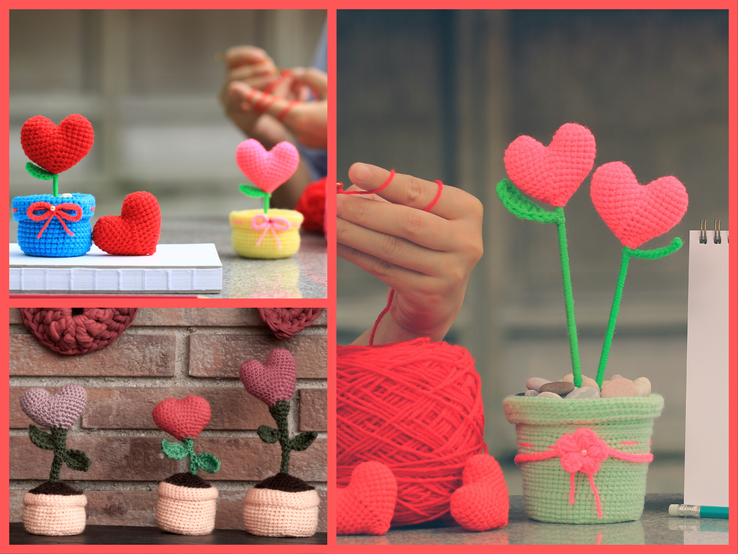 Eine Collage aus herzförmigen gehäkelten Blumen in bunten Töpfen, Ziegelwand, Hände beim Häkeln und Garn, liebevoll dekoriert.