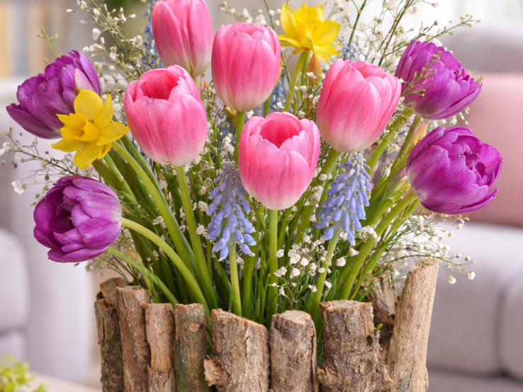 Bunter Frühlingsstrauß mit Tulpen und Narzissen in Vase aus Ästen auf goldenem Tablett vor pastellfarbenem Sofa.