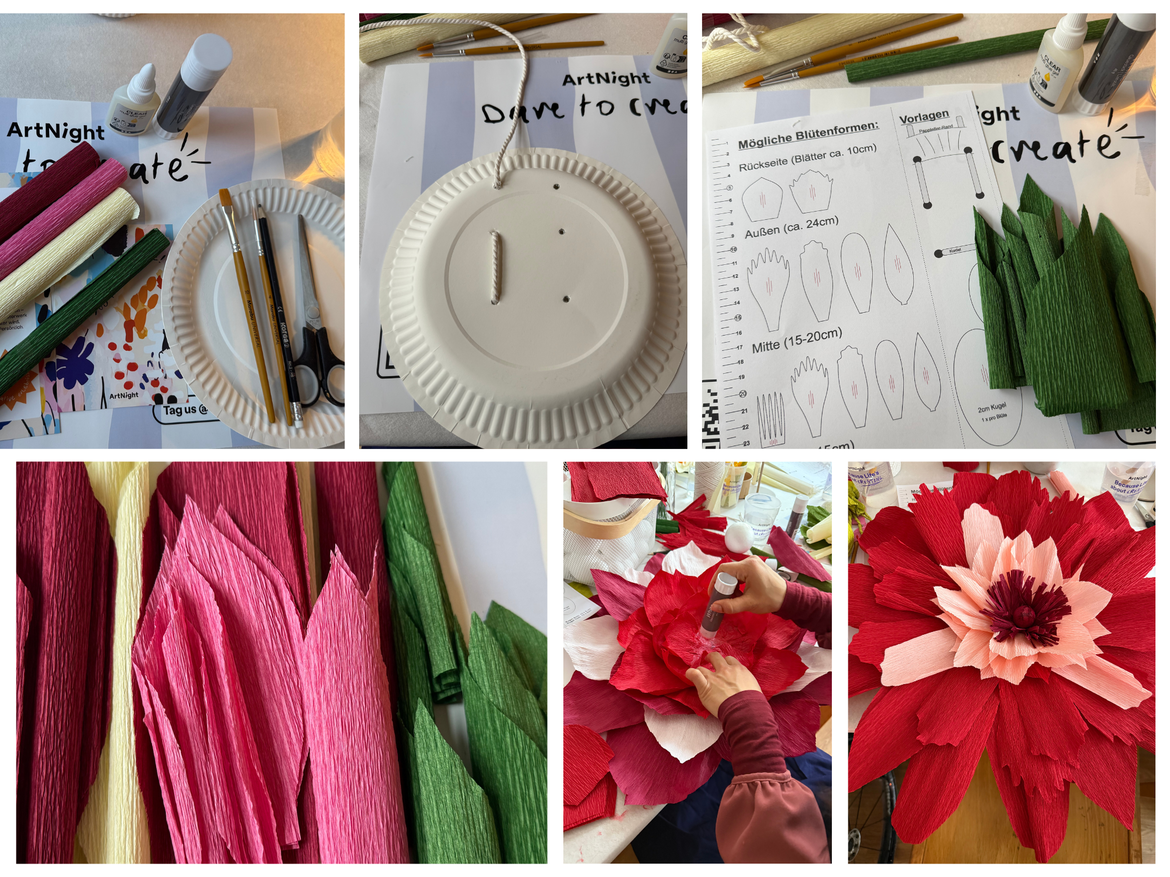 Bastelmaterial für eine große Papierblume liegt auf dem Tisch: Krepppapier, Pappteller, Schere, Pinsel und Schablonen. | © Madeleine Liedke 