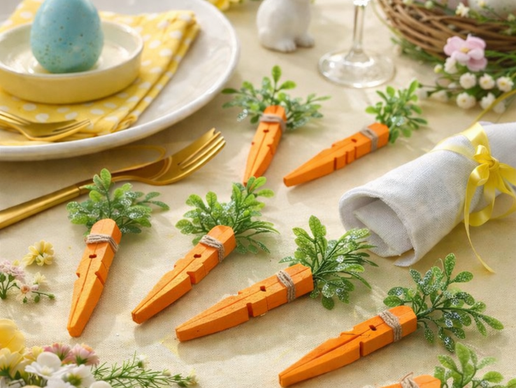   Festlich gedeckter Ostertisch mit blauem Ei auf Teller, gelber Serviette, goldbesteckten Gabeln und kleinen Deko-Karotten aus Holz-Wäscheklammern. 