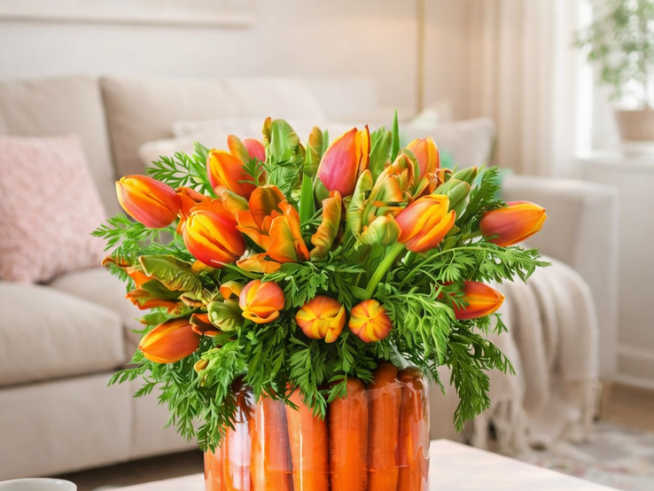 Ein farbenfroher Tulpenstrauß in Orange und Gelb steckt in einem Glas mit aufrecht stehenden Karotten auf hellem Wohnzimmertisch.