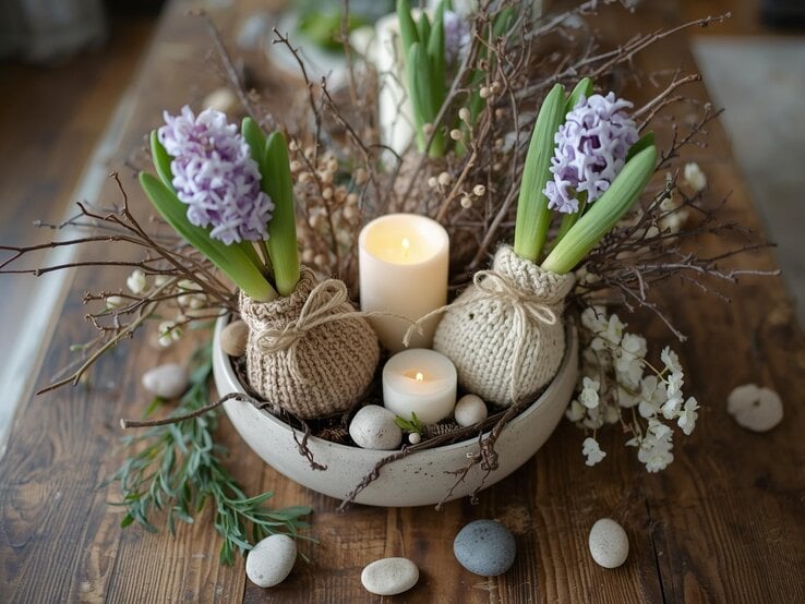 Eine dekorative Schale mit lila Hyazinthen in gestrickten Beuteln, umgeben von Ästen, Kerzen und Steinen auf einem Holztisch.