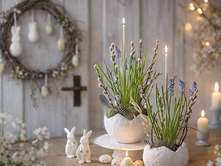 Frühlingshafte Osterdeko mit bepflanzter Eierschale aus Toilettenpapier, Kerzen, Weidenkätzchen und weißen Hasenfiguren auf Holztisch vor Kranz und Kreuz.