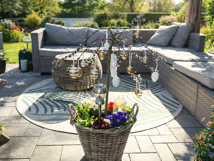 Ein mit goldenen und weißen Ostereiern geschmückter Zweig steht in einem Korb mit bunten Frühlingsblumen auf sonniger Terrasse.