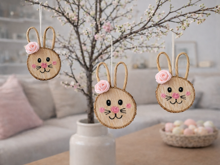 Drei niedliche Osterhasen aus Holzscheiben mit rosa Wangen und Blüte hängen an blühenden Zweigen in einer Vase auf hellem Wohnzimmertisch.