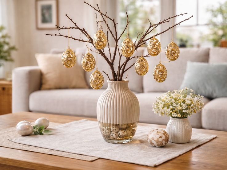 Cremefarbene Vase mit Zweigen und hängenden goldenen Ostereiern aus Heißkleber steht auf Holztisch, daneben kleine Blumen vor hellem Sofa im Wohnzimmer.