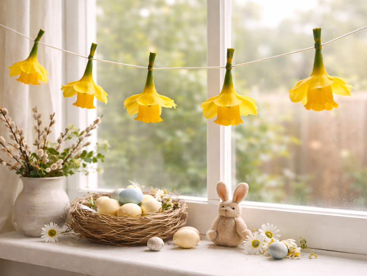 Fünf leuchtend gelbe Narzissen hängen kopfüber an einer Schnur vor hellem Fenster; darunter Osternest mit bunten Eiern und kleiner Hase.