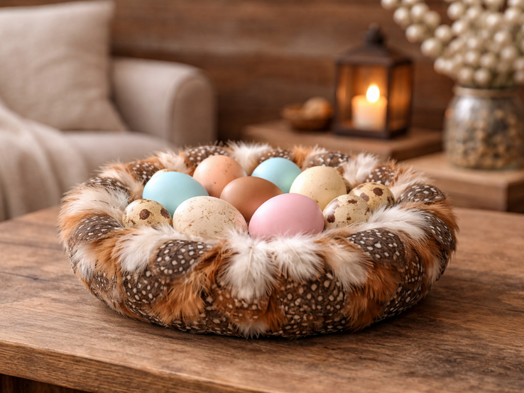 Ein dekoratives Osternest aus Federn mit pastellfarbenen und gesprenkelten Eiern steht auf einem rustikalen Holztisch vor Kerzenschein.