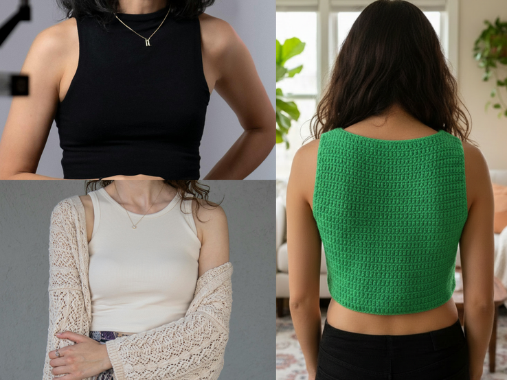 Eine Frau mit schulterlangem dunklem Haar steht mit dem Rücken zum Betrachter; sie trägt ein braunes gehäkeltes Oberteil und ist in einem gemütlichen Raum mit Zimmerpflanzen und Sofa.