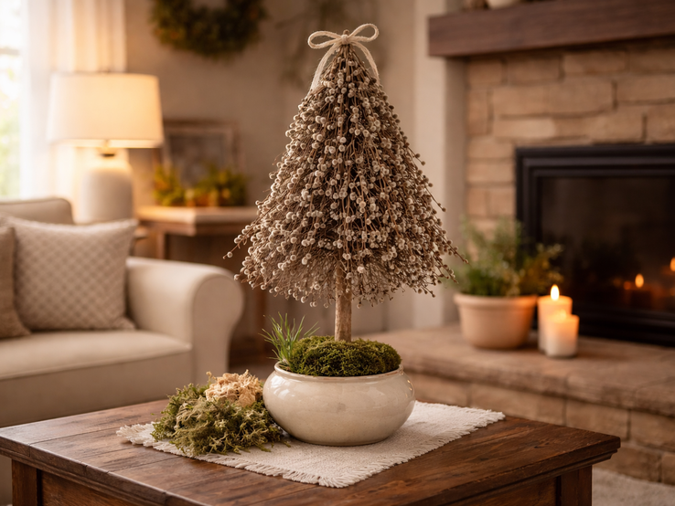 Dekorativer Baum aus Weidenkätzchen in Keramikschale auf Holztisch vor Kamin, Kerzenlicht und gemütlichem Wohnzimmer