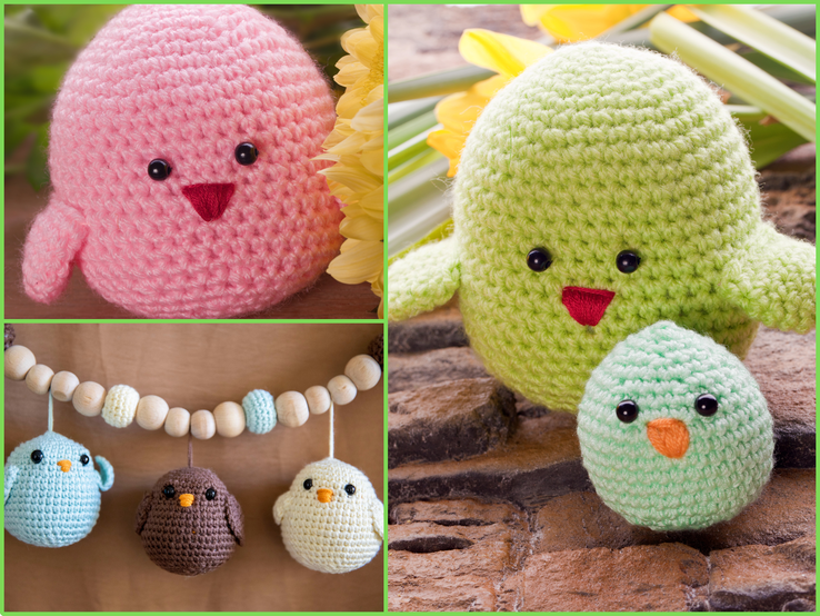 Eine Collage aus gehäkelten Figuren: oben rechts ein grüner Vogel mit kleinerem Vogel, flankiert von Narzissen; links ein pinker Vogel vor grünem Hintergrund; unten gehäkelte Vögelchen an einer Holzperlen-Girlande.