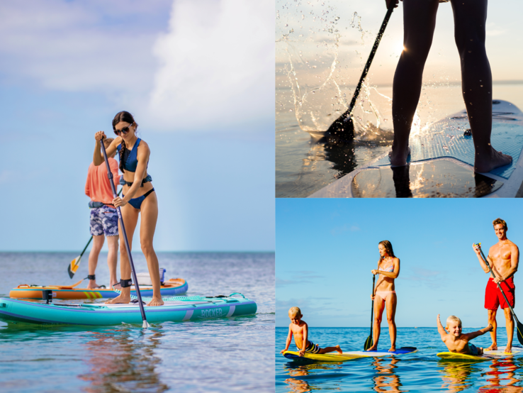 Drei Szenen: Frau paddelt sportlich, Füße spritzen Wasser beim Paddeln, Familie mit zwei Kindern genießt fröhlich das SUP auf dem Meer.