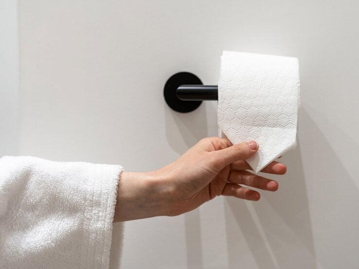 Eine Hand im weißen Bademantel greift nach einem dreieckig gefalteten Blatt Toilettenpapier an einer schwarzen Wandhalterung.