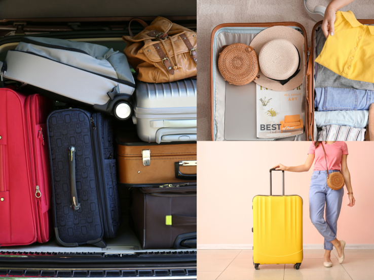 Junge Frau in rosa T-Shirt und Jeans mit gelbem Rollkoffer, daneben vollgepackter Kofferraum und offener Koffer mit Strohhüten und Kleidung.