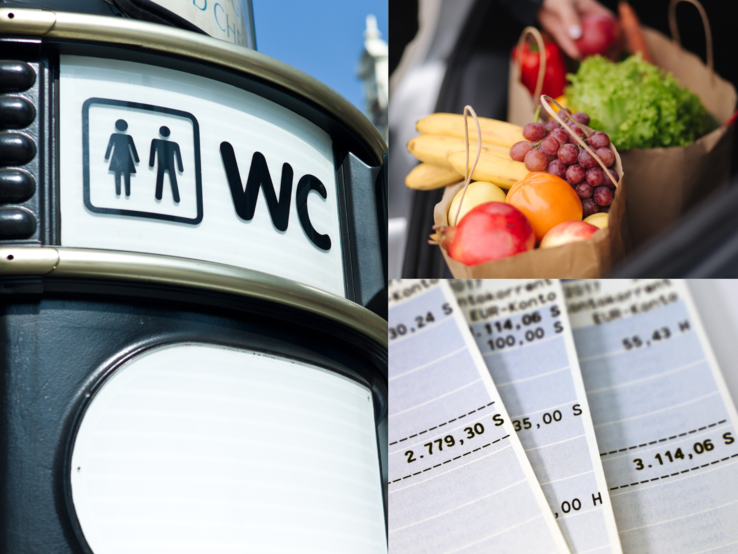 Öffentliche WC-Beschilderung, ein voller Einkaufskorb mit frischem Obst und ein Bankauszug mit hohen Geldbeträgen.