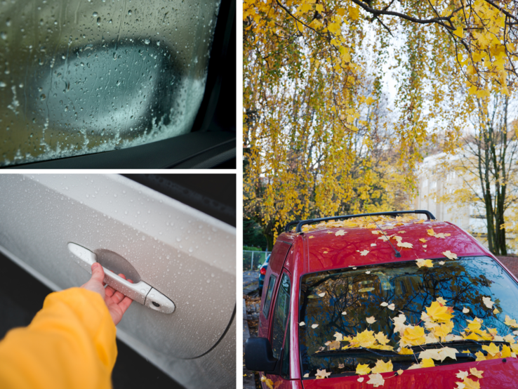 Dreier-Collage: Ein rotes Auto mit gelben Herbstblättern, eine Hand am nassen Türgriff und ein regennasser Autospiegel im Herbst.