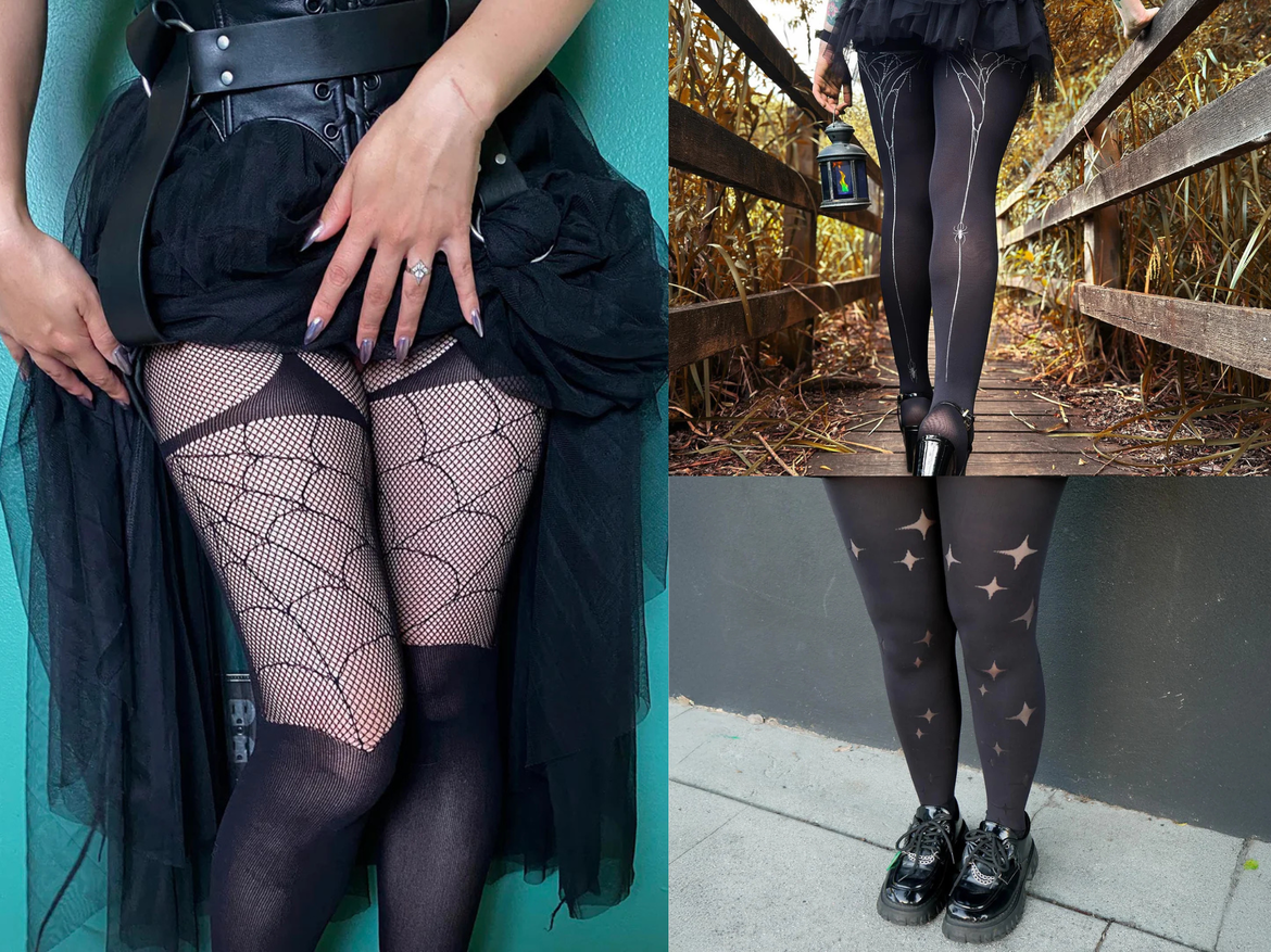 Drei Frauen in schwarzen Outfits zeigen fantasievolle Strumpfhosen mit Netz-, Spinnenweb- und Sternmotiven vor farbigen Hintergründen. | © Snag Tights/Canva/Collage: bildderfrau.de