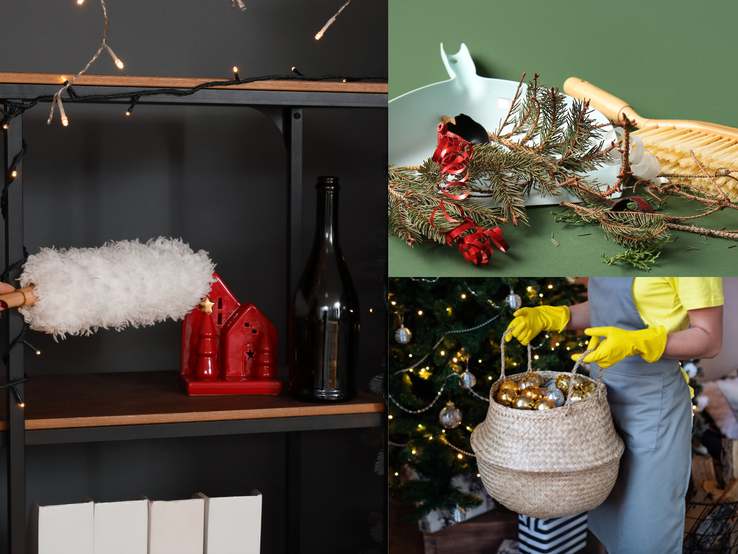 Person räumt nach Weihnachten auf: Staubwedel, Nadeln im Kehrblech, Deko-Kugeln im Korb vor geschmücktem Baum und Regal.