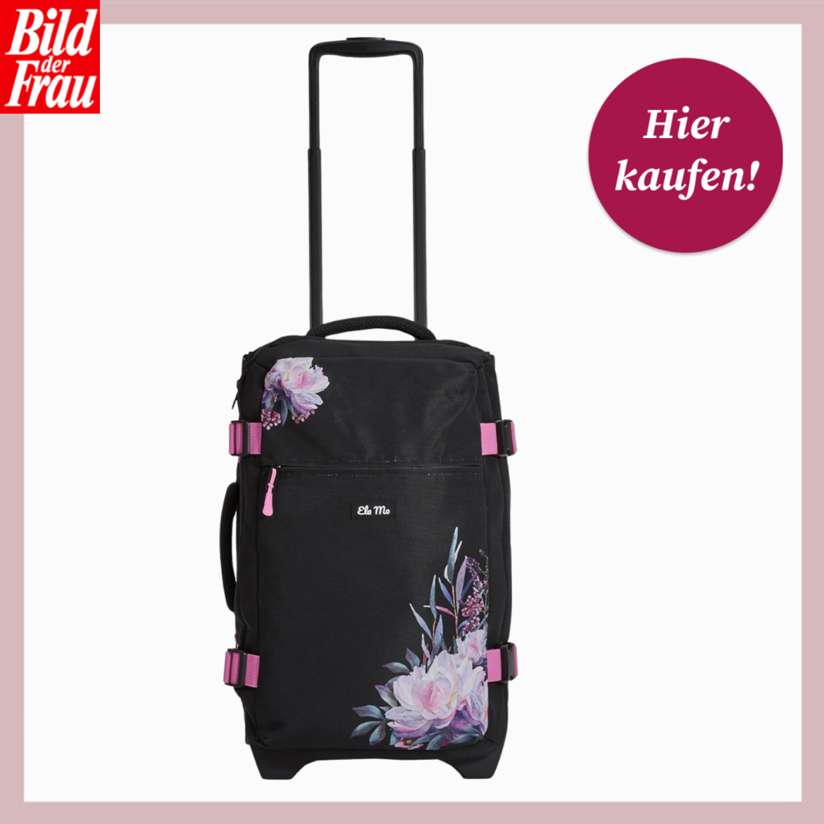 Schwarzer Trolley mit ausziehbarem Griff, pinken Schnallen und großen, gemalten Pfingstrosen in Rosa und Lila. | © Amazon/Canva/Collage:bildderfrau.de