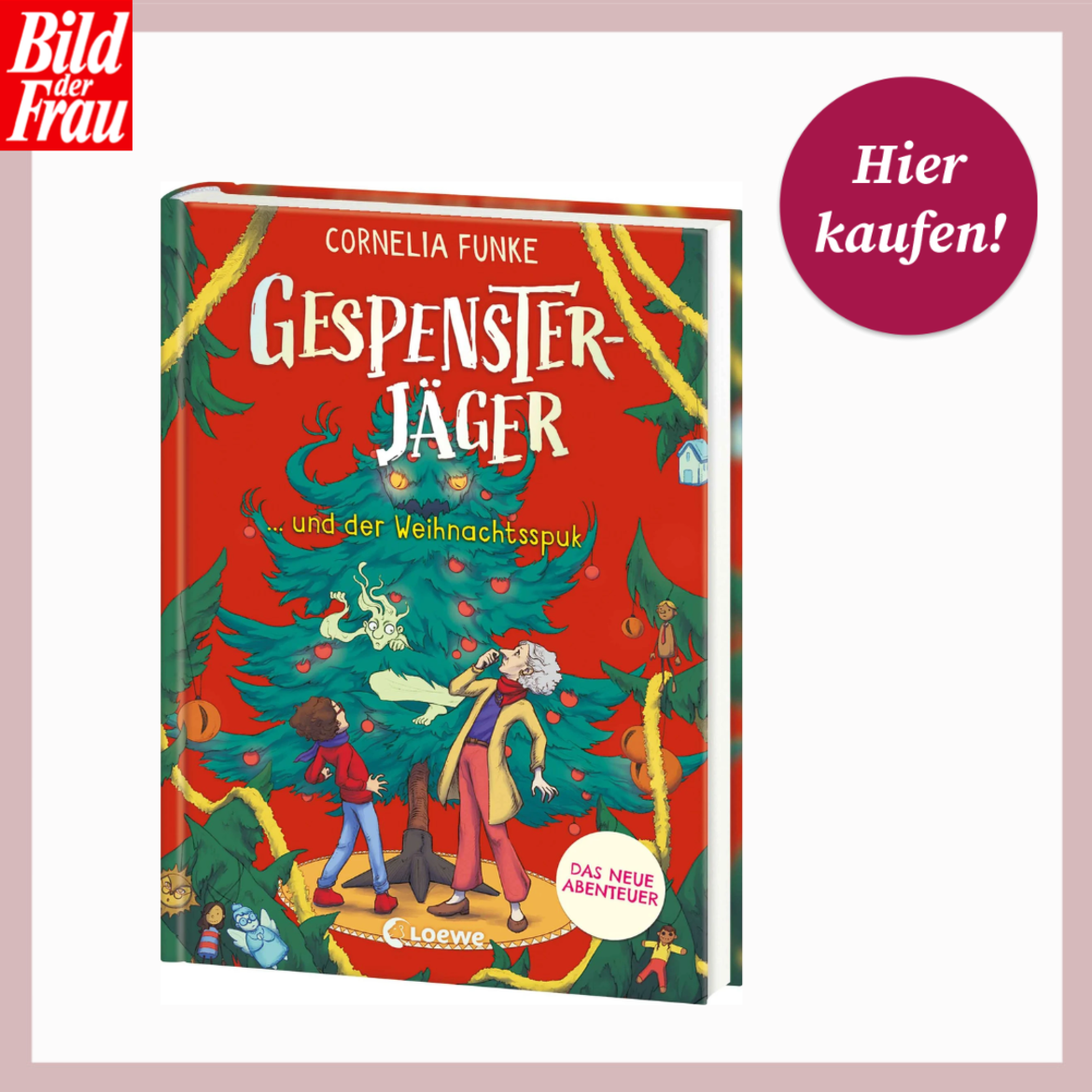 Buntes Kinderbuch „Gespensterjäger und der Weihnachtsspuk“ mit gezeichnetem Spukbaum und zwei erschrockenen Figuren davor. | © Thalia/Canva/Collage:bildderfrau.de