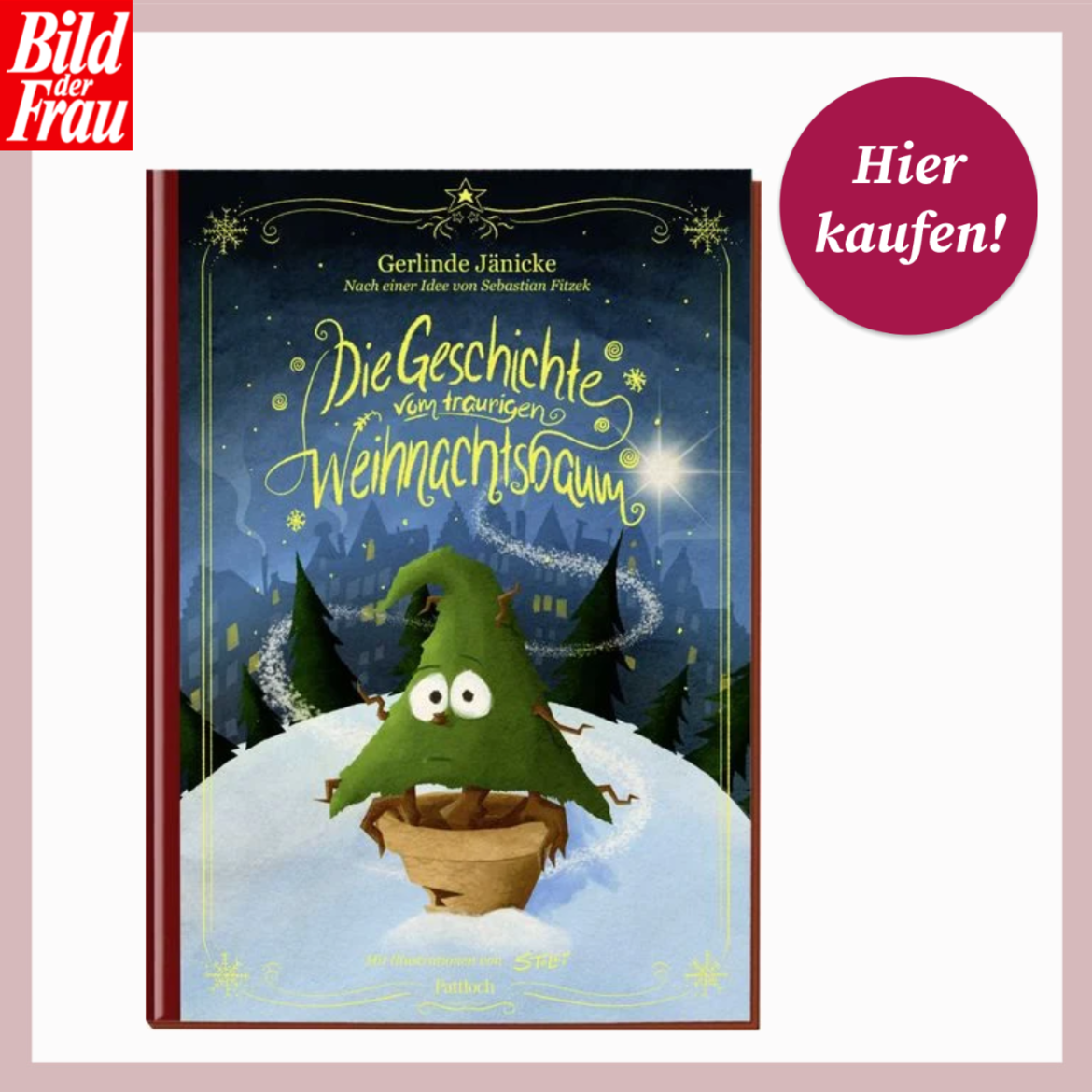 Buchcover mit gezeichnetem traurigen Weihnachtsbaum mit großen Augen im Schnee vor nächtlicher Stadtkulisse mit Sternenhimmel. | © Thalia/Canva/Collage:bildderfrau.de