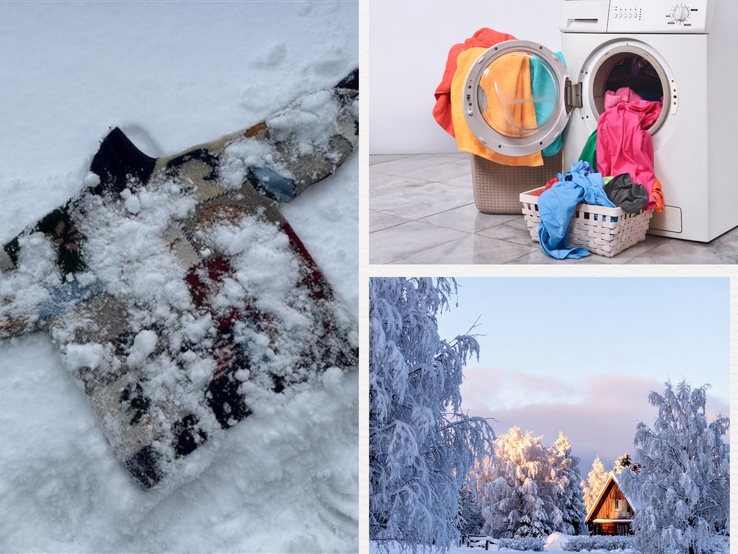 Bunter eingelaufener Woll-Pullover liegt schneebedeckt im Schnee, daneben Winterwald mit Hütte und Wäschekorb vor Waschmaschine.